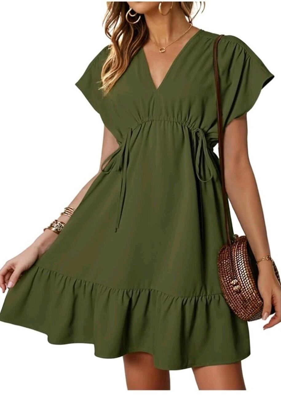 Short Sleeve V Neck Drawstring DRESS Ruffle A-Line Swing Mini Babydoll Size M